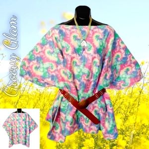 GROOVY GLAM Handcrafted Multicolored Pastel Tie Dye Classic Fleece Poncho